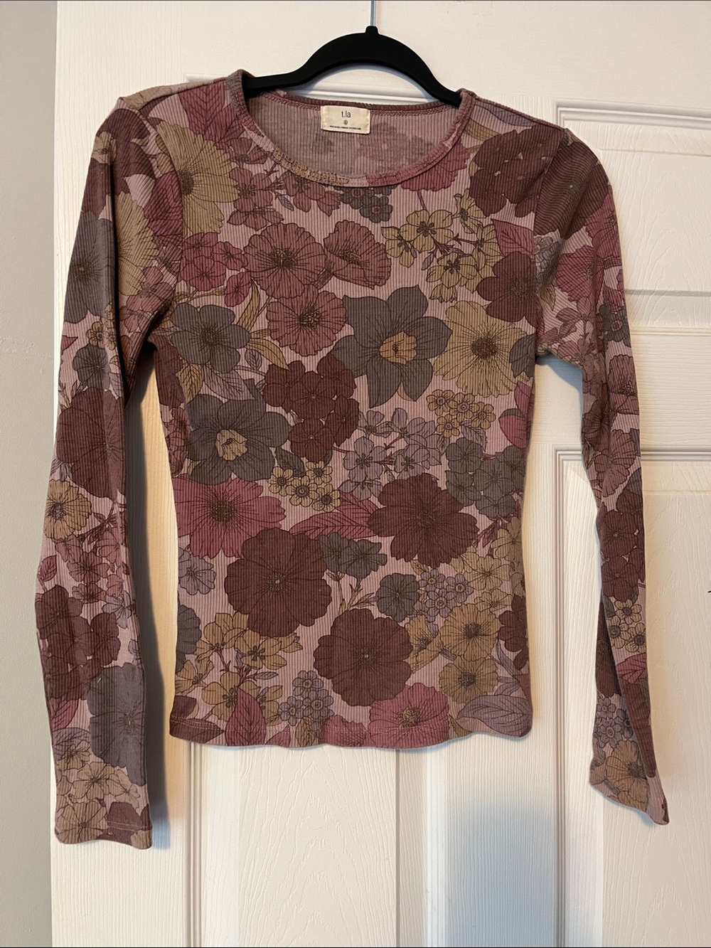 Anthropologie Floral Ribbed Long-Sleeve Top - Mauve, Plum, Beige